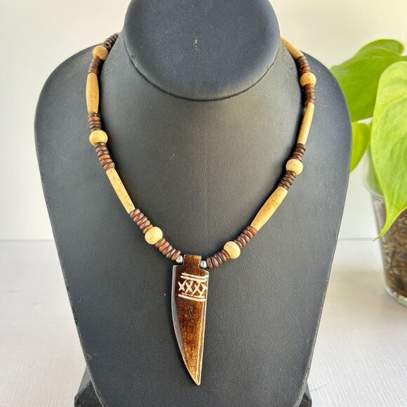 Vintage Bone and Horn Pendant Necklace, Tribal-Inspired Fang Design - Picture 1 of 14